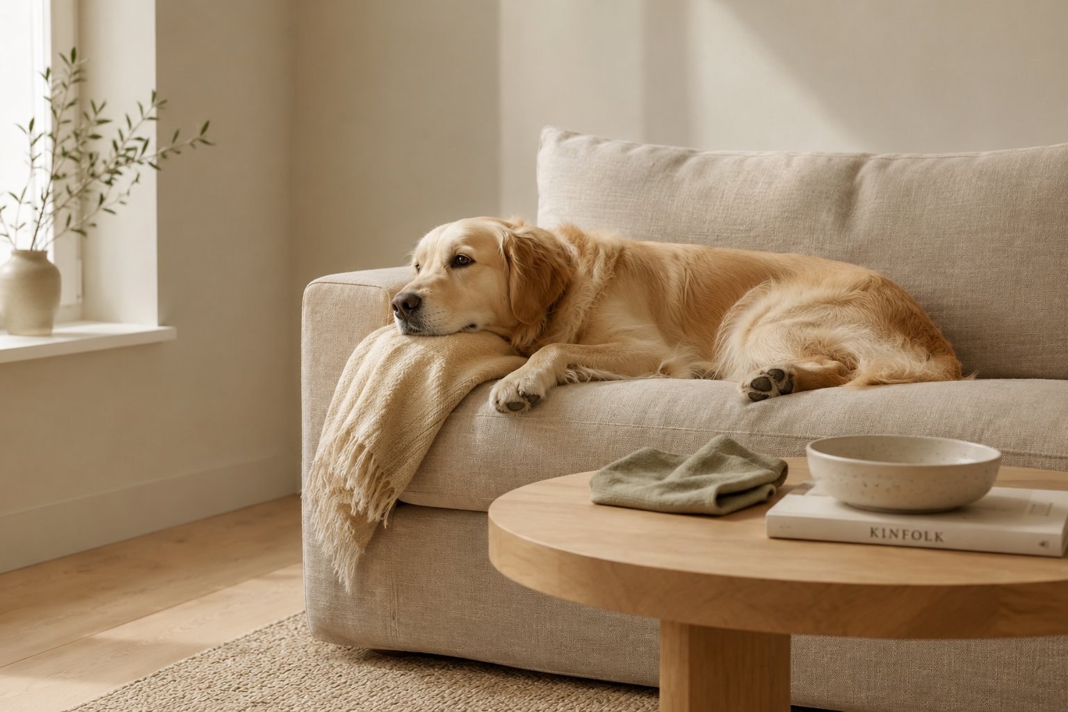 Goldener Hund auf einem hellen Leinensofa