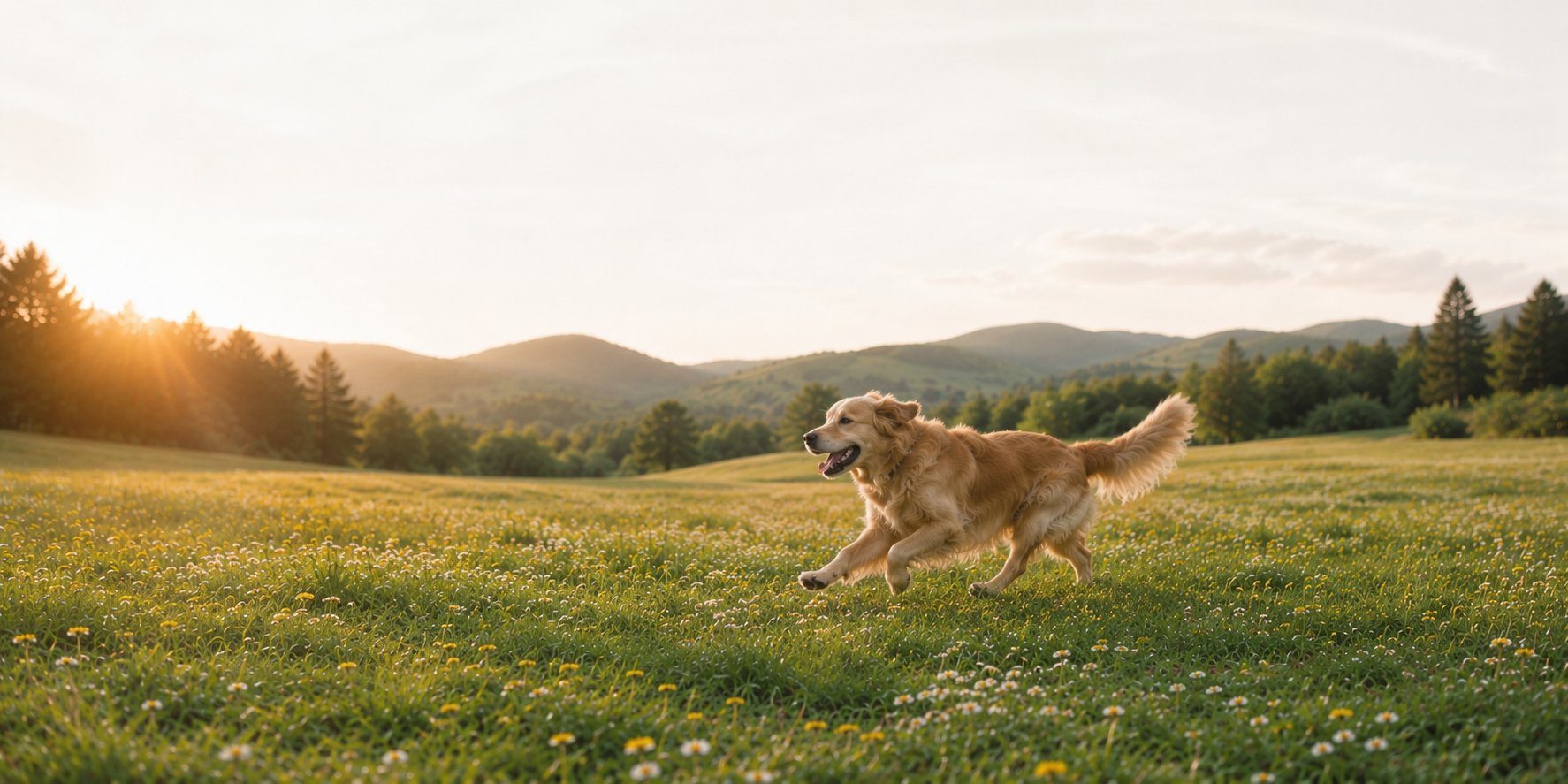 Golden Retriever läuft bei Sonnenuntergang durch eine blühende Sommerwiese