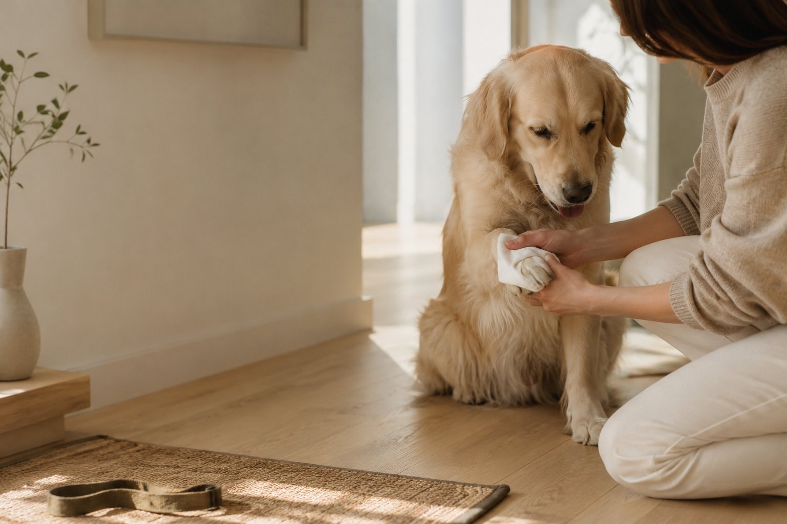 Frau reinigt die Pfote eines Golden Retrievers mit einem Tuch nach dem Spaziergang