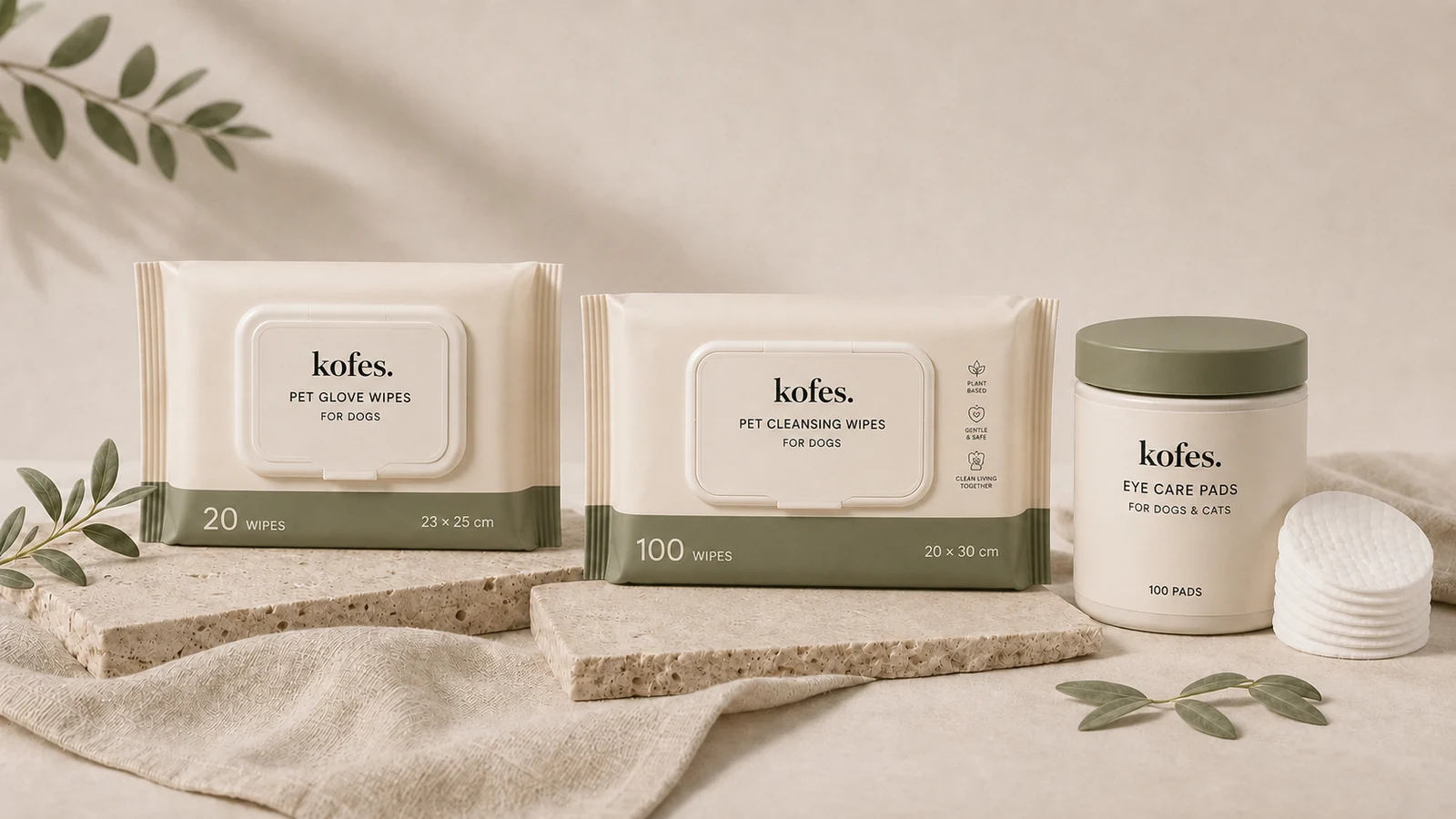 Die drei kofes Produkte nebeneinander: Pet Glove Wipes mit 20 Tüchern, Pet Cleansing Wipes mit 100 Tüchern und Eye Care Pads mit 100 Pads